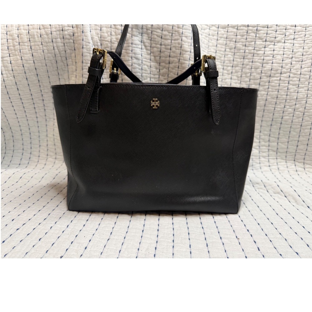 Tory Burch Emerson Small Buckle Tote Black Saffiano Leather Gold Hardware Bag